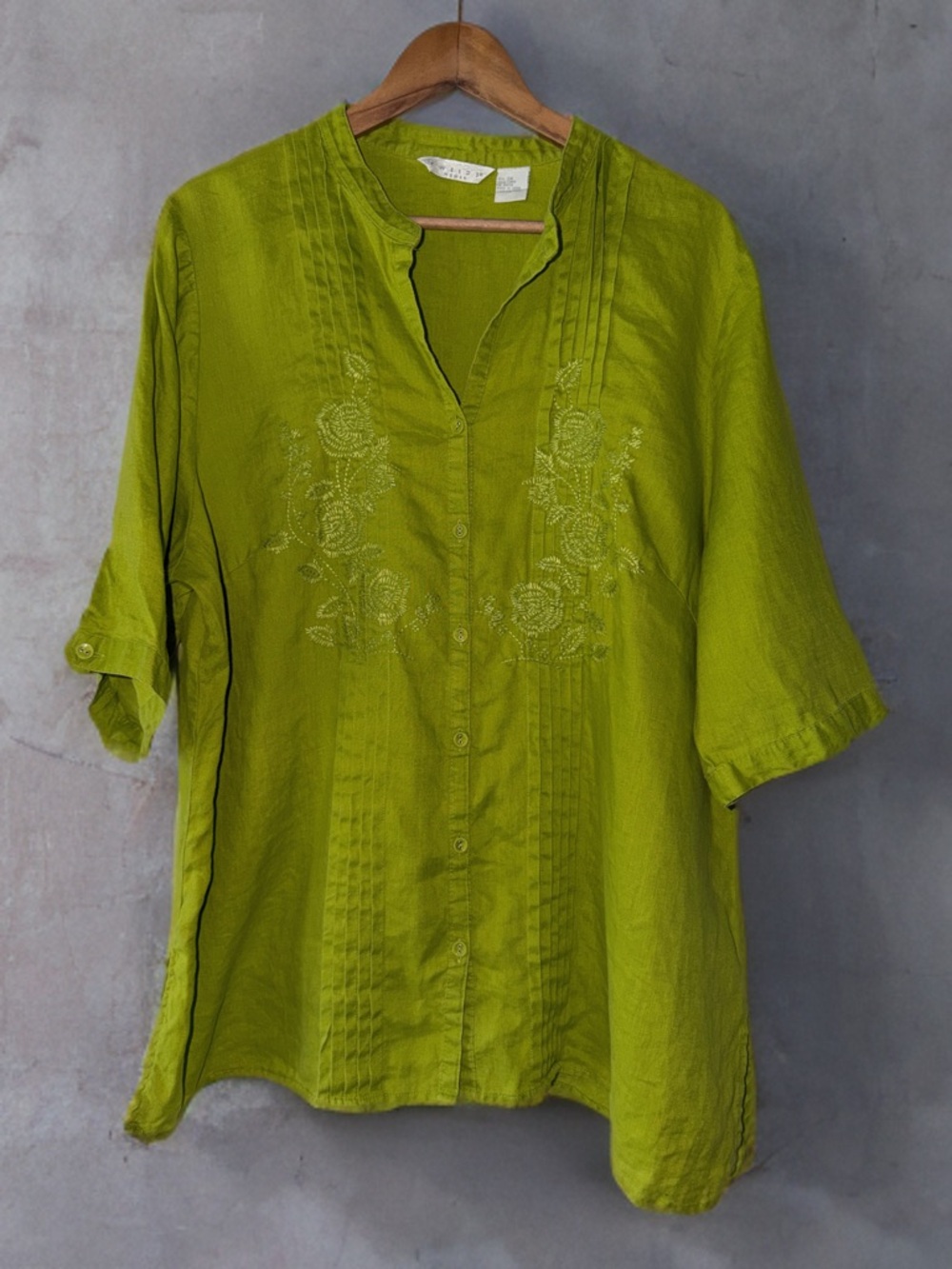Tweed Woman 3X 100% Linen Embroidered Blouse Chartreuse Green Boho Lagenlook